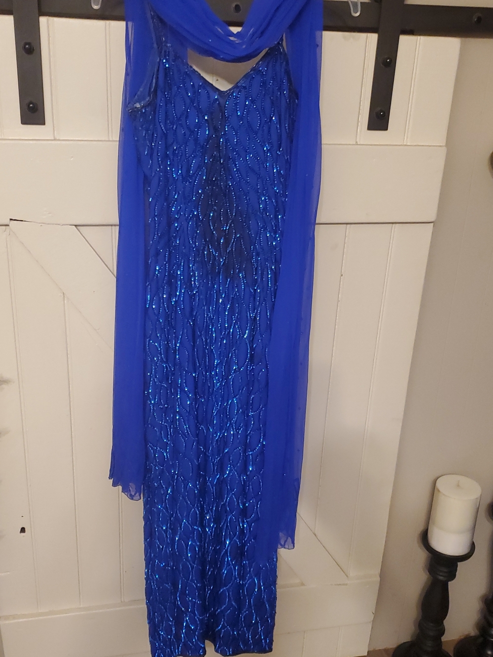 Elegant Beaded Royal Blue Evening Dress with Scarf